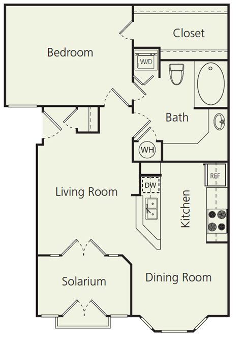 Floor plan for 1 bed, 1 bath, 780 sqft