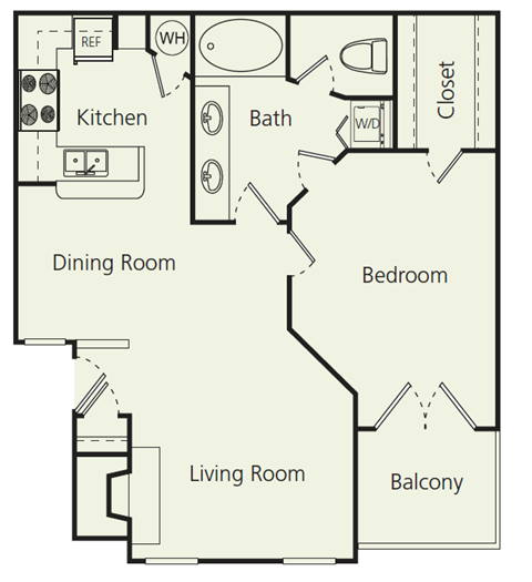 Floor plan for 1 bed, 1 bath, 826 sqft