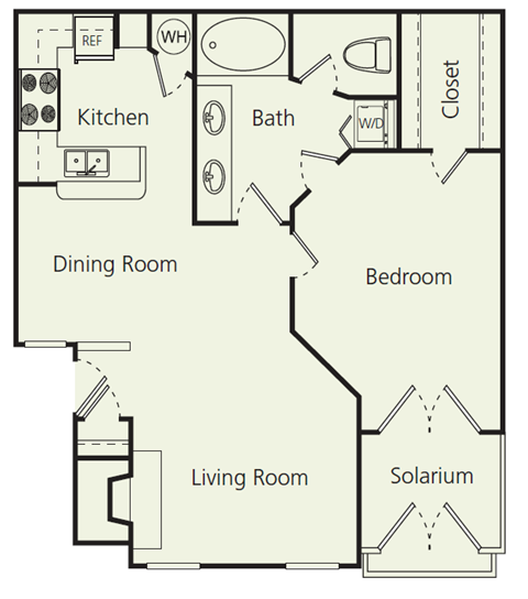 Floor plan for 1 bed, 1 bath, 884 sqft
