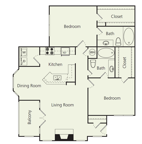 Floor plan for 2 beds, 2 baths, 1193 sqft