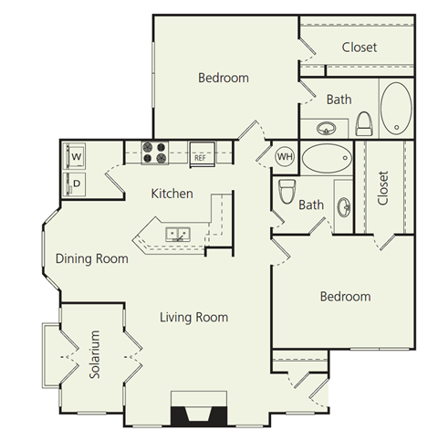 Floor plan for 2 beds, 2 baths, 1258 sqft