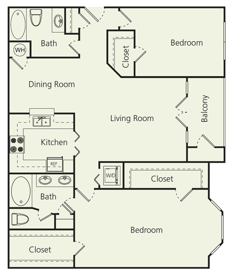 Floor plan for 2 beds, 2 baths, 1332 sqft