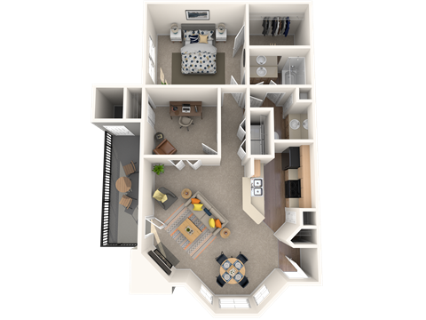 Floor plan for 1 bed, 1 bath, 857 sqft