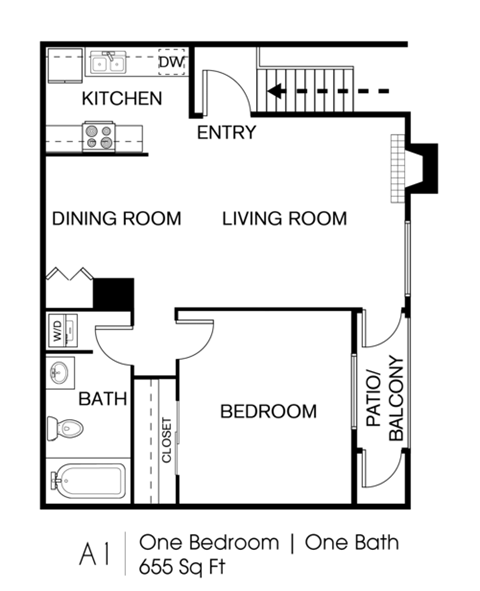 Floor plan for 1 bed, 1 bath, 655 sqft