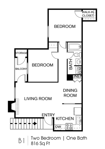 Floor plan for 2 beds, 1 bath, 816 sqft