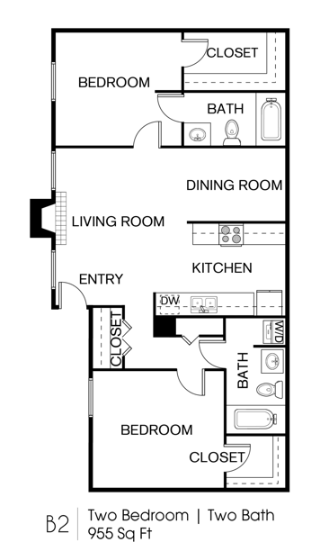 Floor plan for 2 beds, 2 baths, 955 sqft