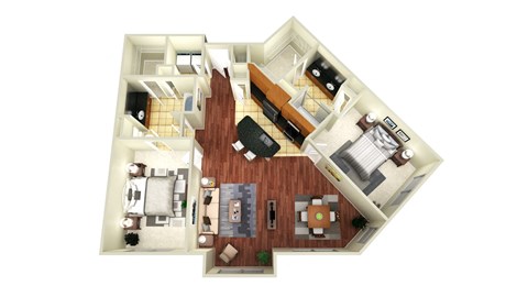 Floor plan for 2 beds, 2 baths, 1227 sqft