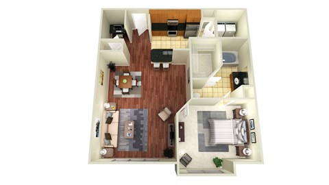 Floor plan for 1 bed, 1 bath, 897 sqft