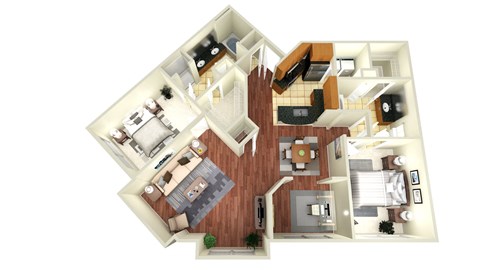 Floor plan for 2 beds, 2 baths, 1363 sqft