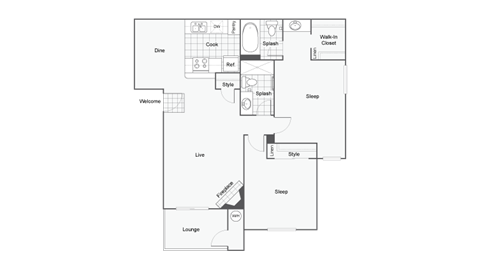 Floor plan for 2 beds, 2 baths, 890 sqft