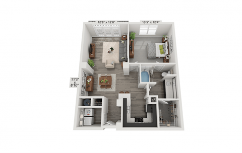 Floor plan for 1 bed, 1 bath, 861 sqft