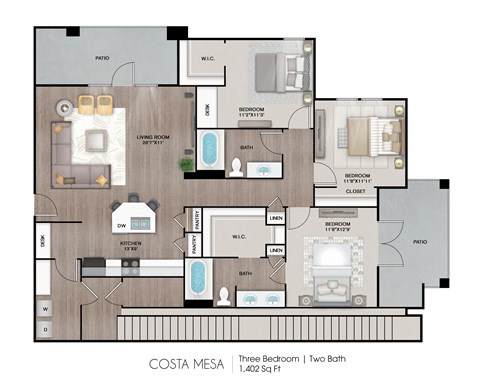Floor plan for 3 beds, 2 baths, 1402 sqft