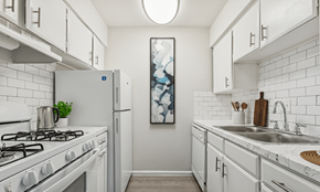 Austin apartment for rent - A kitchen with white cabinets and a white gas stove.