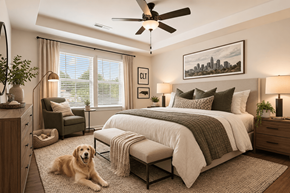Charlotte townhouse for rent - A dog is sitting on a rug in a bedroom with a bed, nightstand, and window.