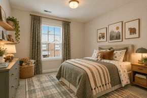 Spring Hill townhouse for rent - A cozy bedroom with a large bed and a window with curtains.