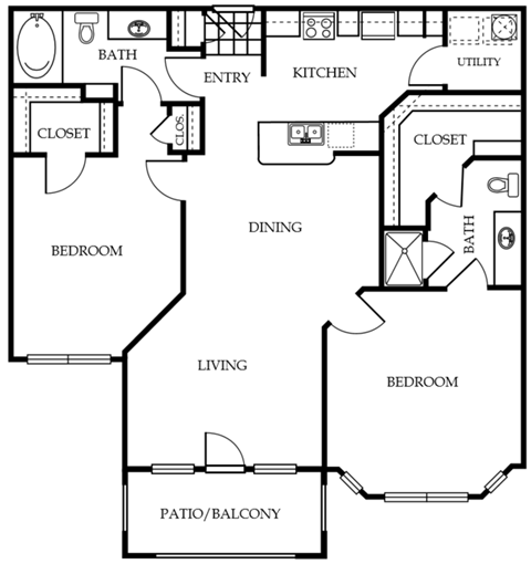 Floor plan for 2 beds, 2 baths, 1163 sqft