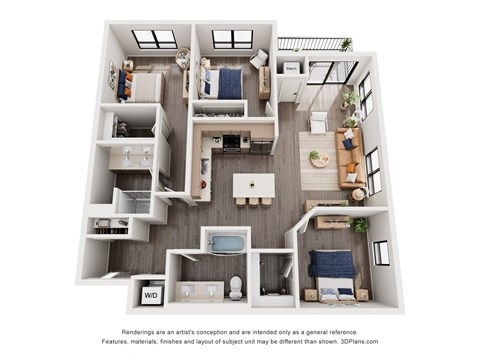 Floor plan for 3 beds, 2 baths, 1305 sqft