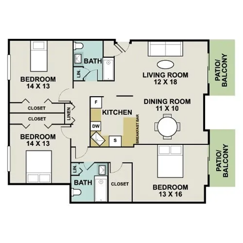 Floor plan for 3 beds, 2 baths, 1550 sqft