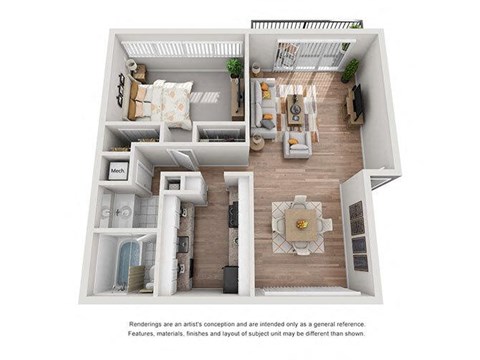 Floor plan for 1 bed, 1 bath, 768 sqft