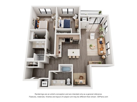 Floor plan for 2 beds, 2 baths, 1221 sqft
