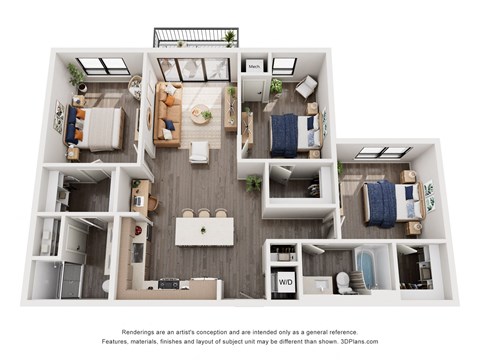 Floor plan for 3 beds, 2 baths, 1248 sqft