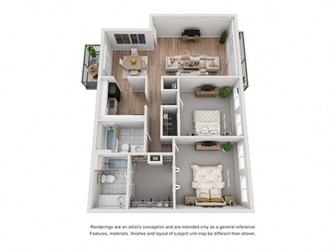 Floor plan for 2 beds, 2 baths, 977 sqft