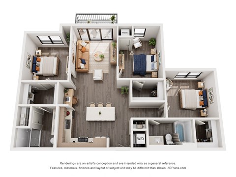 Floor plan for 3 beds, 2 baths, 1231 sqft