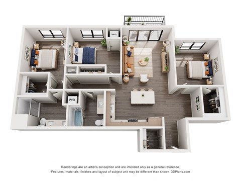 Floor plan for 3 beds, 2 baths, 1328 sqft
