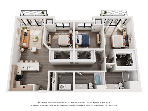 Floor plan for 3 beds, 2 baths, 1420 sqft