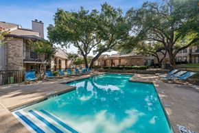 Dallas apartment for rent - A swimming pool surrounded by trees and chairs.