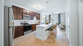 Hutto apartment for rent - a kitchen with a white counter top and wooden floors