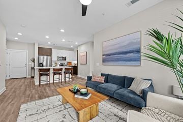 Spring Hill apartment for rent - A living room with a blue couch and a painting on the wall.