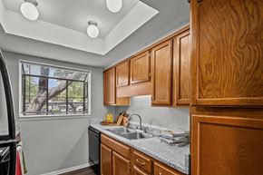 Dallas apartment for rent - a kitchen with wooden cabinets and a sink and a window