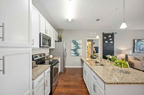 Kissimmee apartment for rent - a kitchen with white cabinets and granite countertops