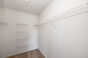 Palm Bay apartment for rent - a spacious closet with white walls and shelves and a mirrored closet rack on the wall