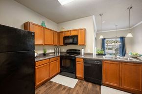 Savannah apartment for rent - A kitchen with wooden cabinets and black appliances.