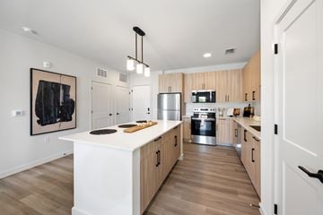 North Ft Myers apartment for rent - A modern kitchen with wooden cabinets and a white island.
