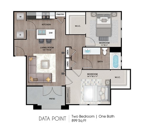 Floor plan for 2 beds, 1 bath, 899 sqft