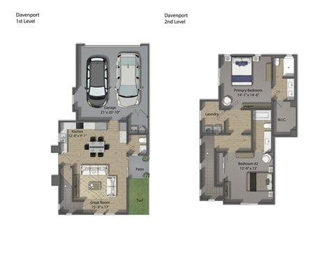 Floor plan for 2 beds, 2.5 baths, 1395 sqft