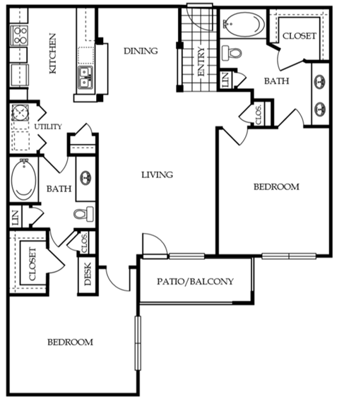 Floor plan for 2 beds, 2 baths, 1235 sqft