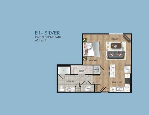 Floor plan for studio, 1 bath, 651 sqft