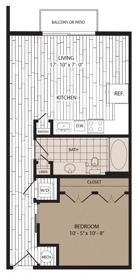 Floor plan for 1 bed, 1 bath, 679 sqft