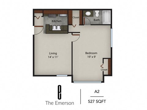 Floor plan for 1 bed, 1 bath, 527 sqft