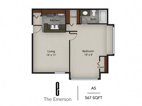 Floor plan for 1 bed, 1 bath, 567 sqft