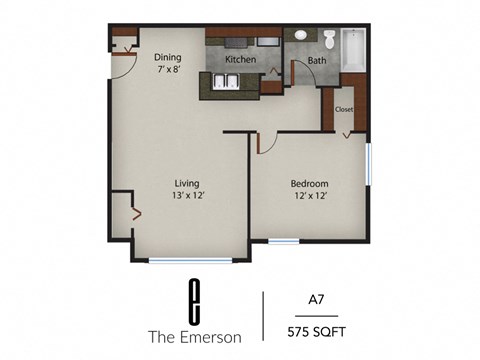 Floor plan for 1 bed, 1 bath, 646 sqft