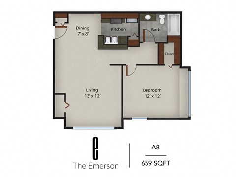 Floor plan for 1 bed, 1 bath, 659 sqft