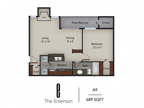 Floor plan for 1 bed, 1 bath, 689 sqft