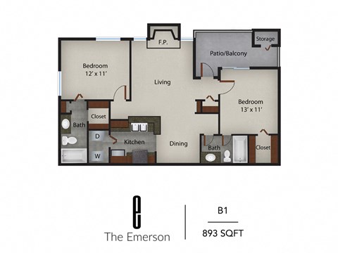 Floor plan for 2 beds, 2 baths, 893 sqft
