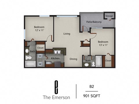 Floor plan for 2 beds, 2 baths, 901 sqft