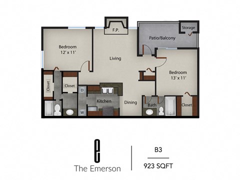 Floor plan for 2 beds, 2 baths, 923 sqft